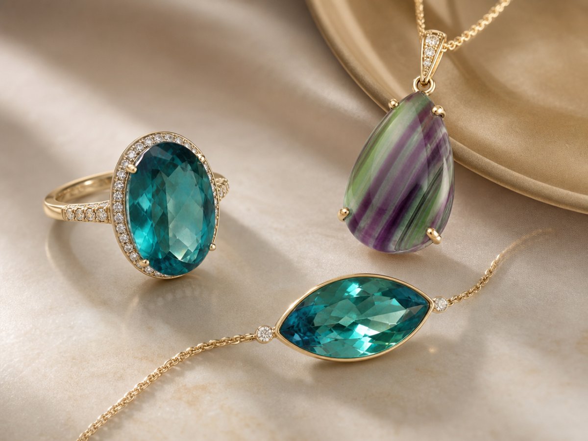 Les pierres précieuses de fluorite sont présentées en joaillerie