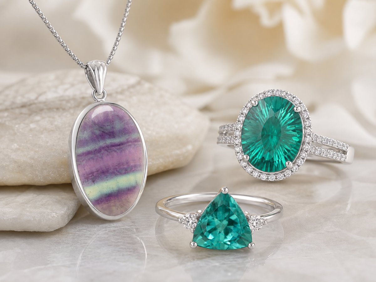 Les pierres précieuses de fluorite sont présentées en joaillerie