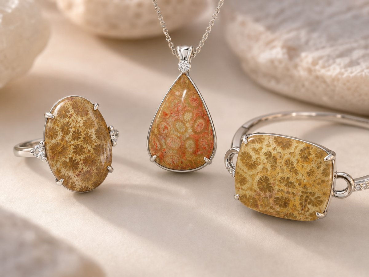 Les pierres précieuses de corail fossilisé sont présentées dans les bijoux.