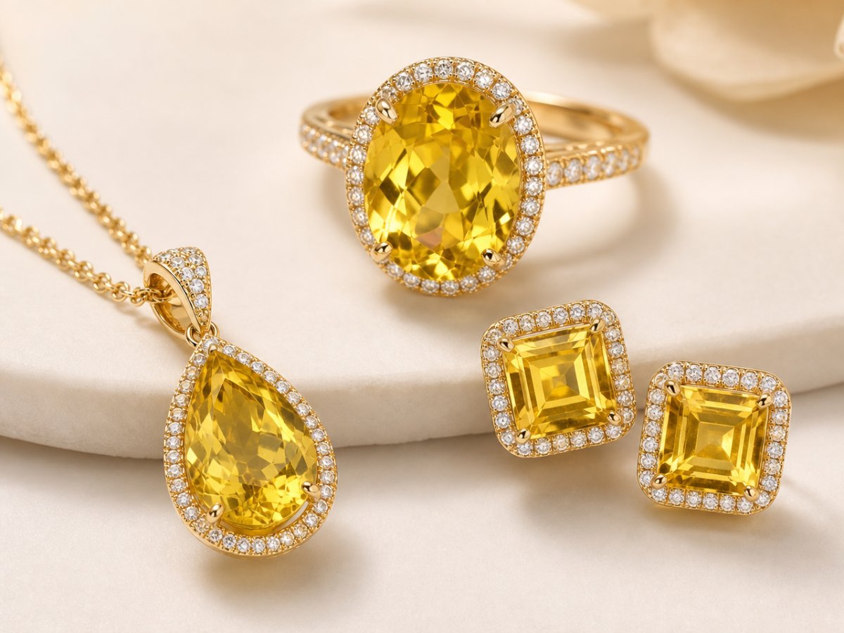 Les pierres précieuses de béryl doré sont présentées en joaillerie