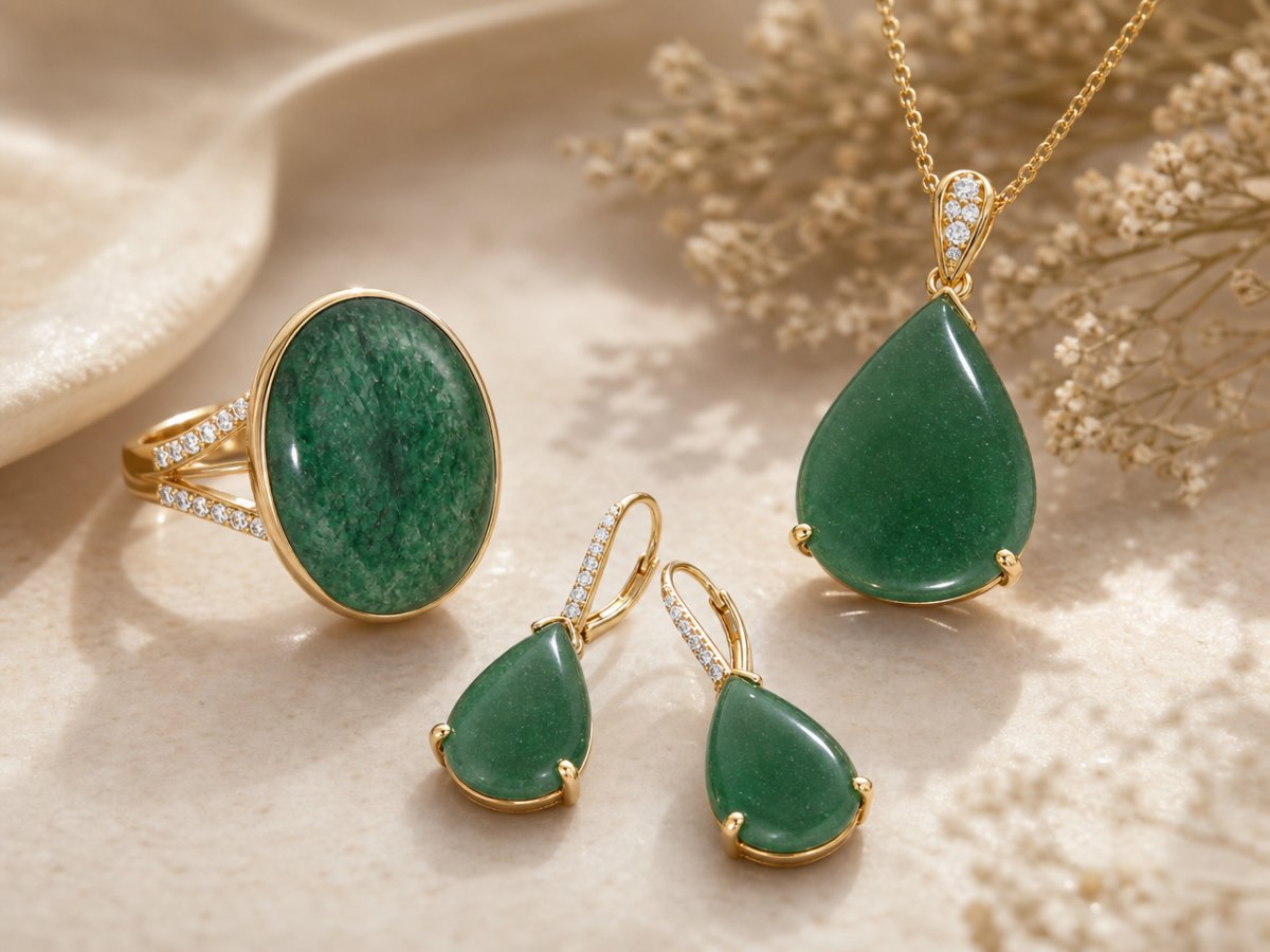 Pierres précieuses d'aventurine verte présentées en joaillerie