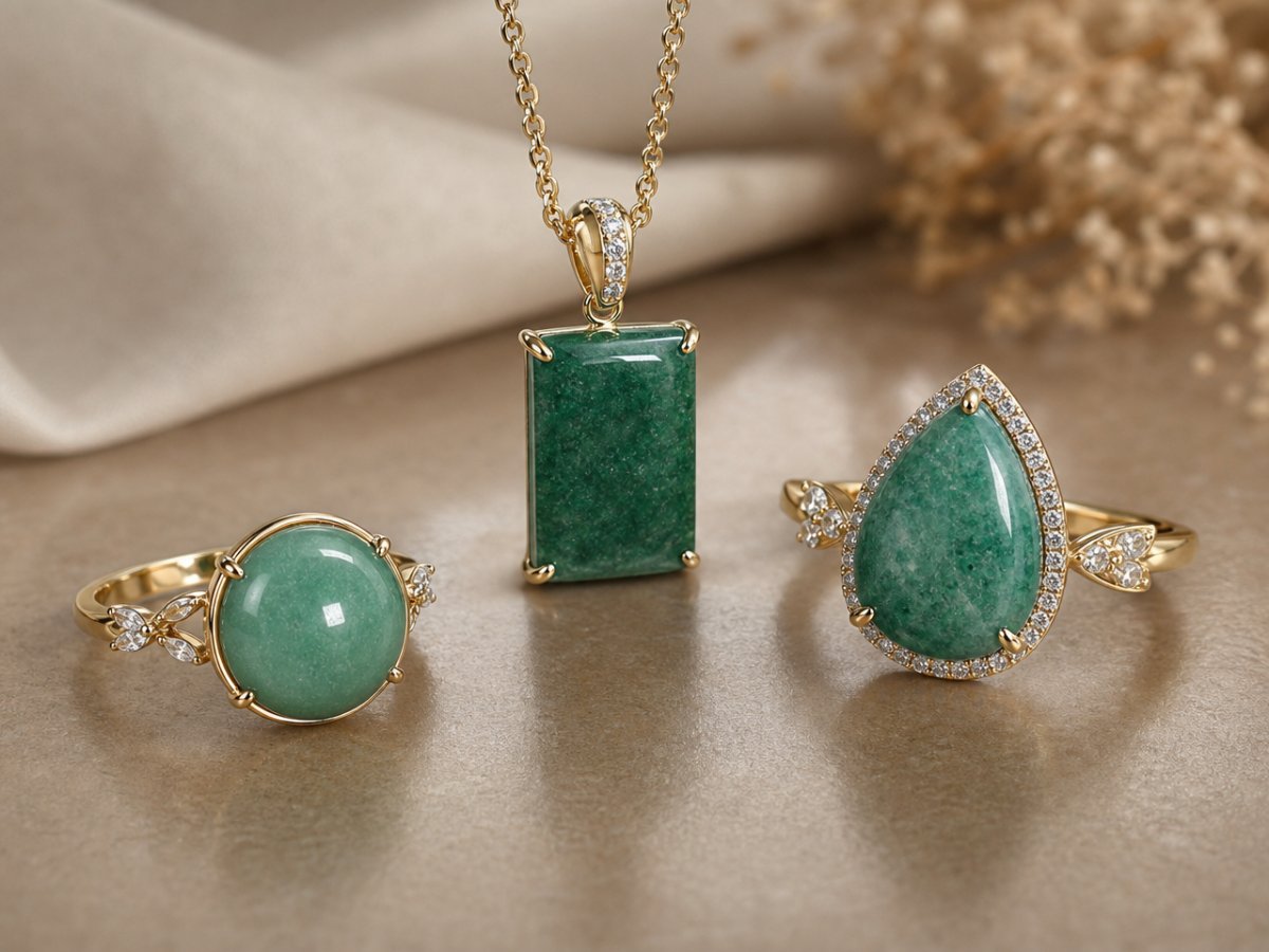 Pierres précieuses d'aventurine verte présentées en joaillerie