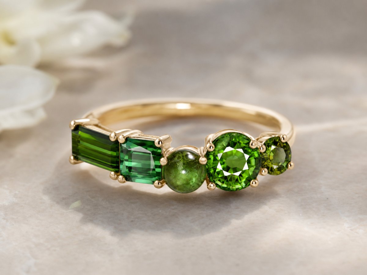 Pierres précieuses de tourmaline verte présentées en joaillerie