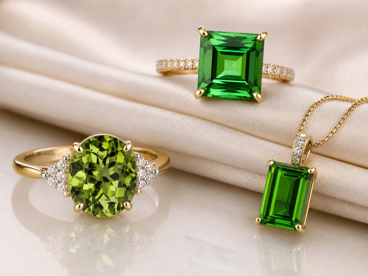 Pierres précieuses de tourmaline verte présentées en joaillerie