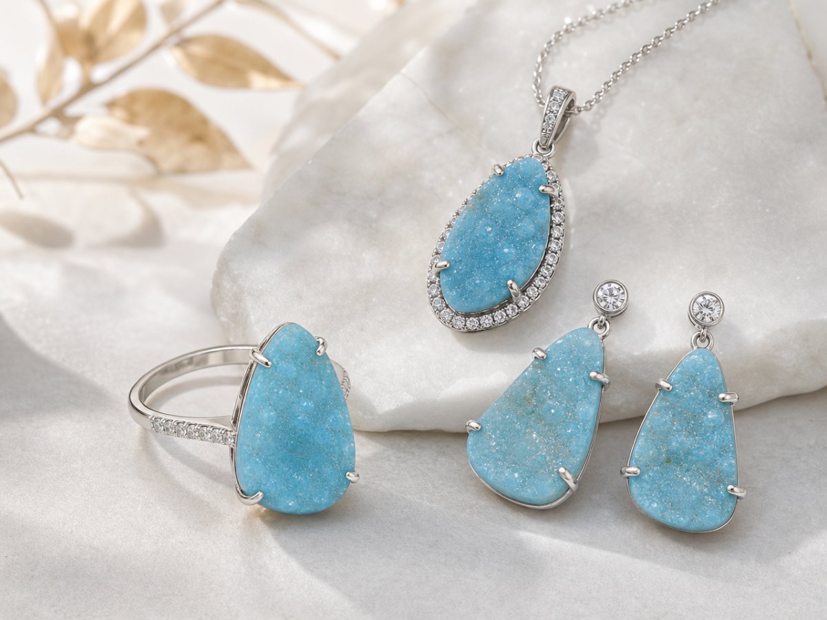 Pierres précieuses d'hémimorphite druzy présentées en joaillerie
