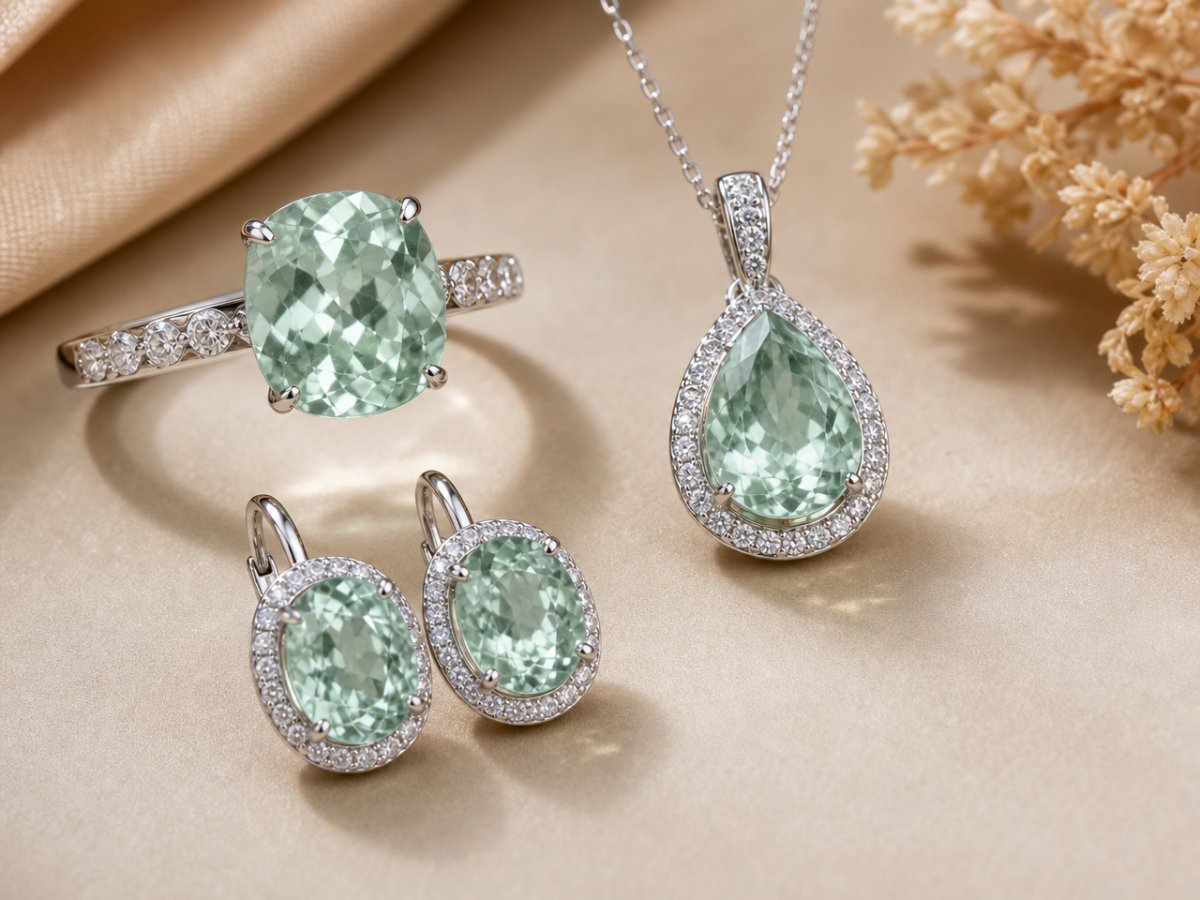 Pierres précieuses Hiddenite présentées en joaillerie