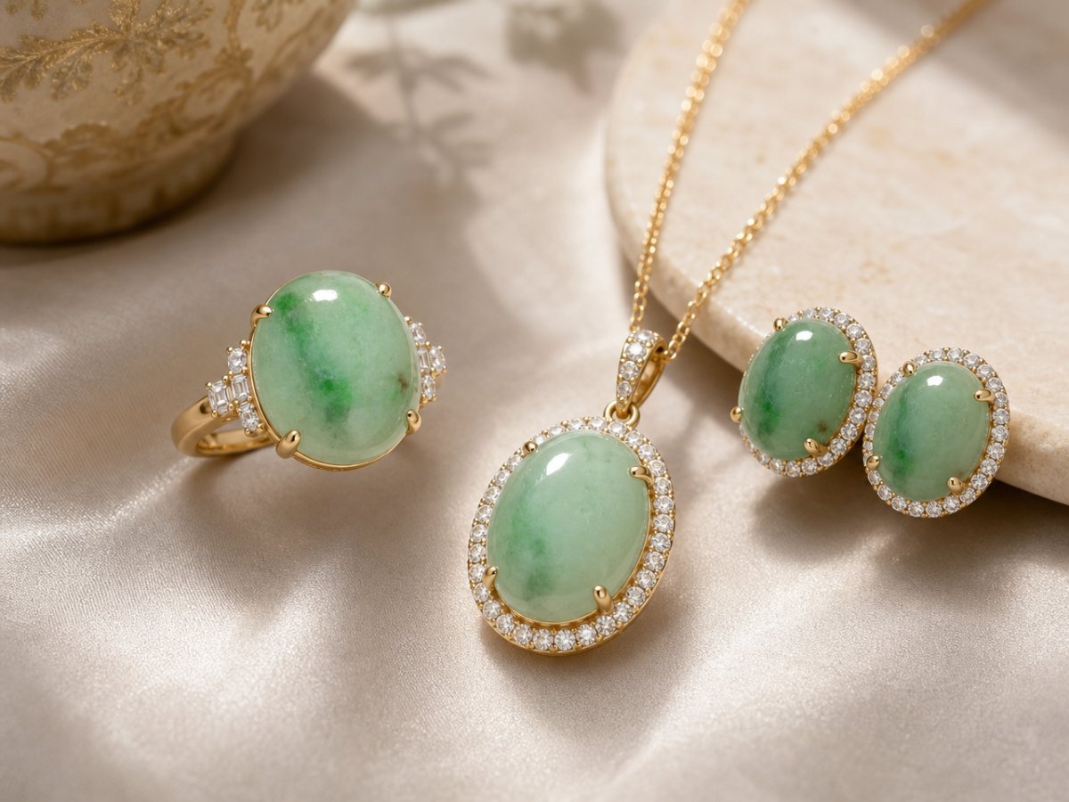 Pierres précieuses de jade présentées en joaillerie