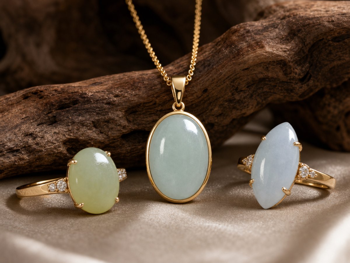 Les pierres précieuses de jadéite sont présentées dans les bijoux