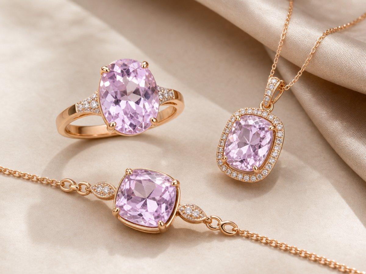 Les pierres précieuses de kunzite sont présentées en joaillerie