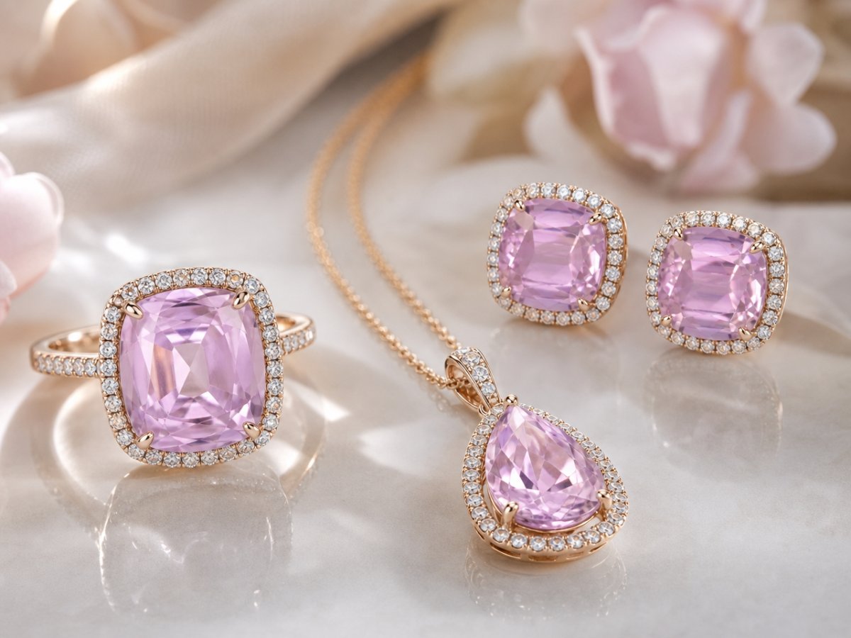 Les pierres précieuses de kunzite sont présentées en joaillerie