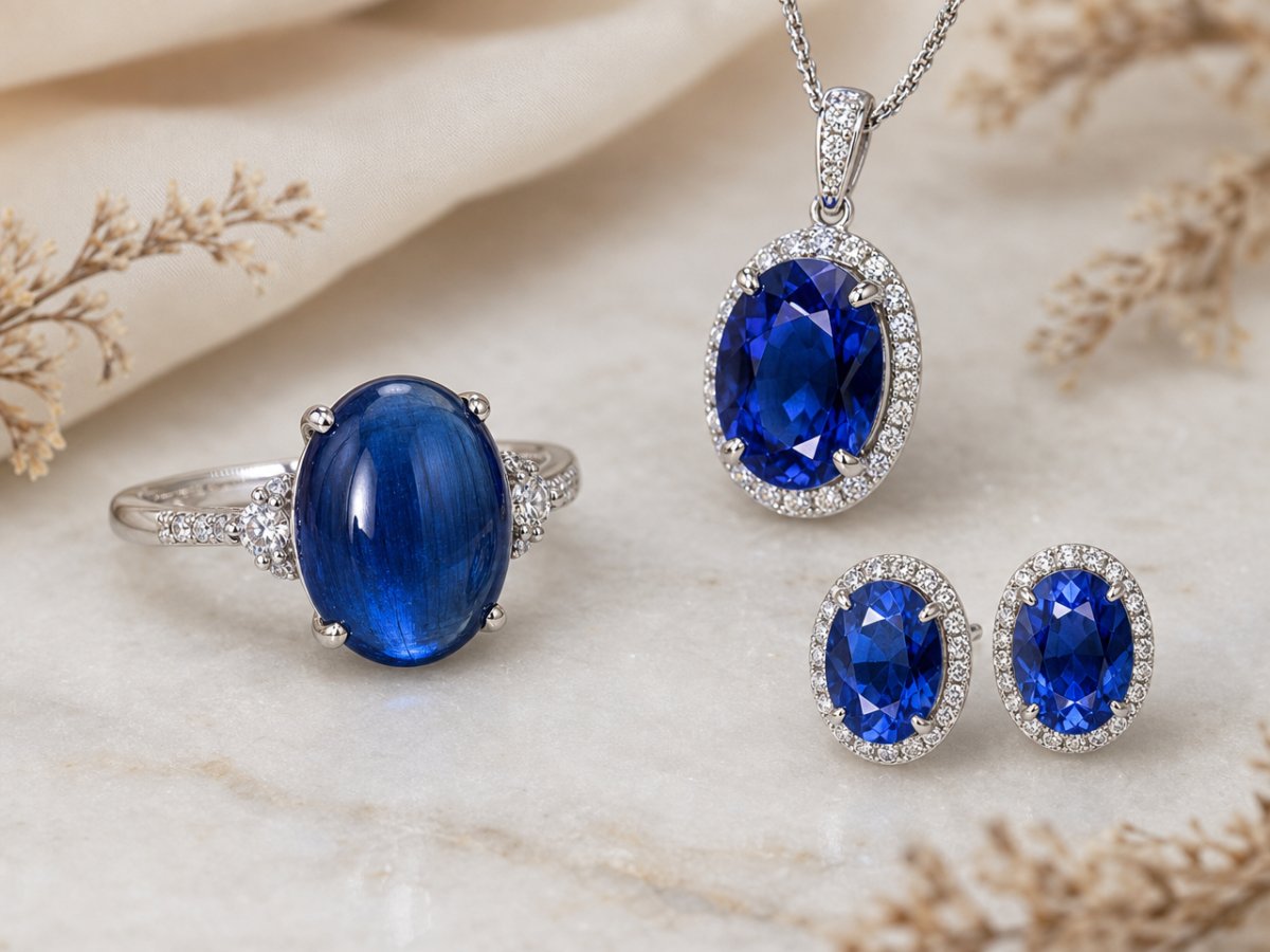 Pierres précieuses de kyanite présentées en joaillerie
