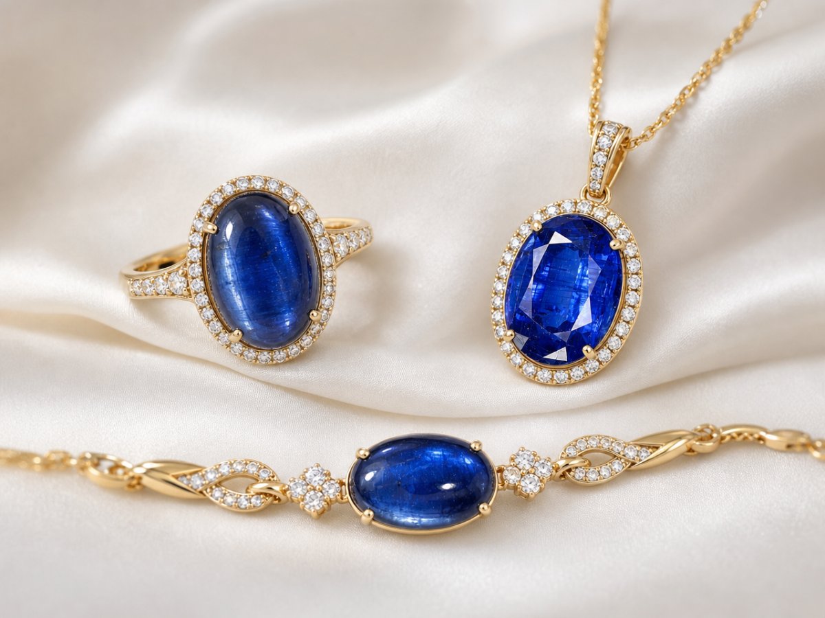 Pierres précieuses de kyanite présentées en joaillerie
