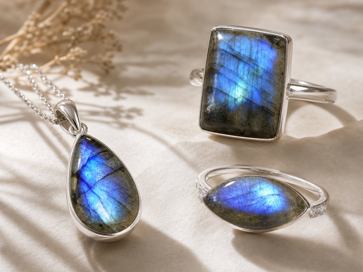 Labradorite, une pierre précieuse, présentée en joaillerie
