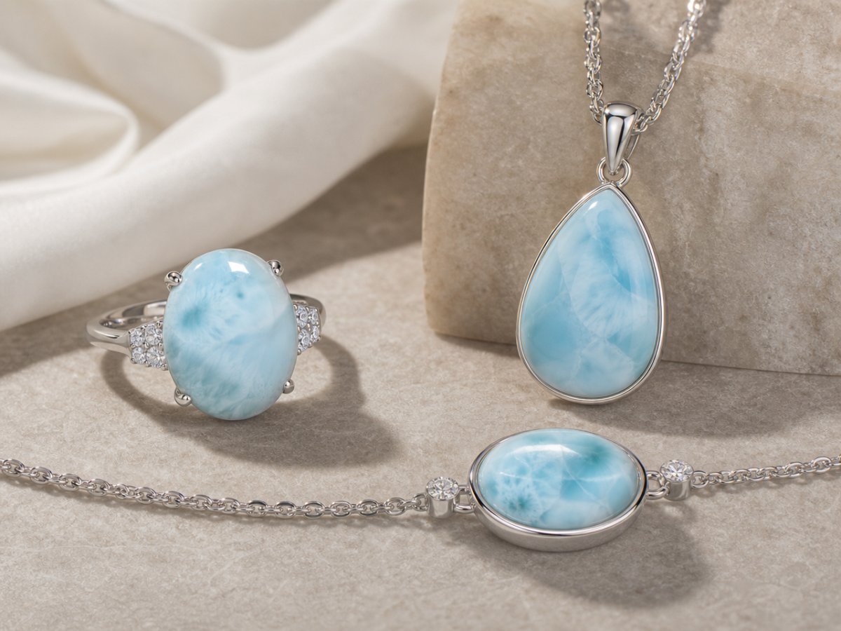 Pierres précieuses de larimar présentées en joaillerie