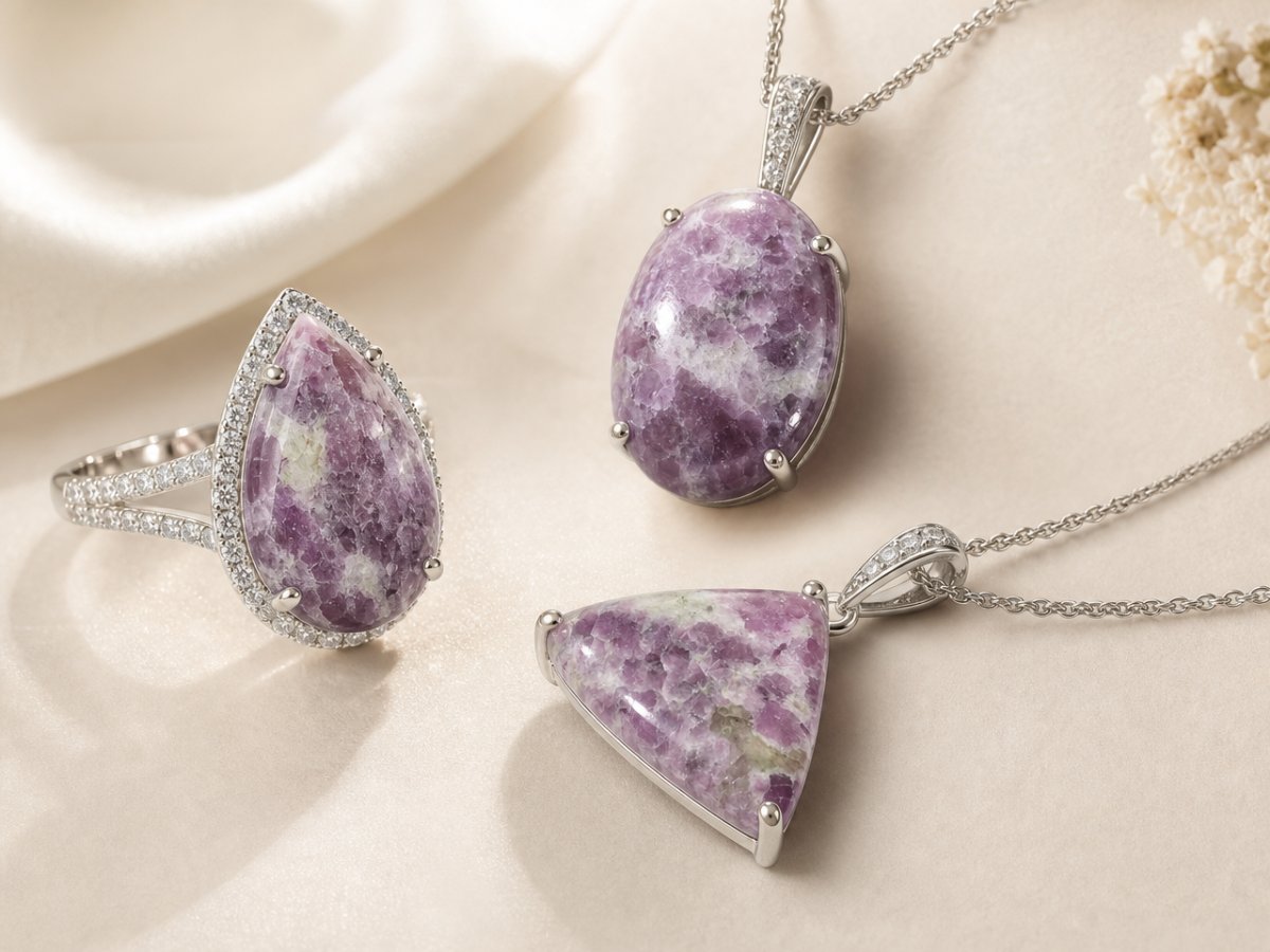 Pierres précieuses de lépidolite présentées en joaillerie
