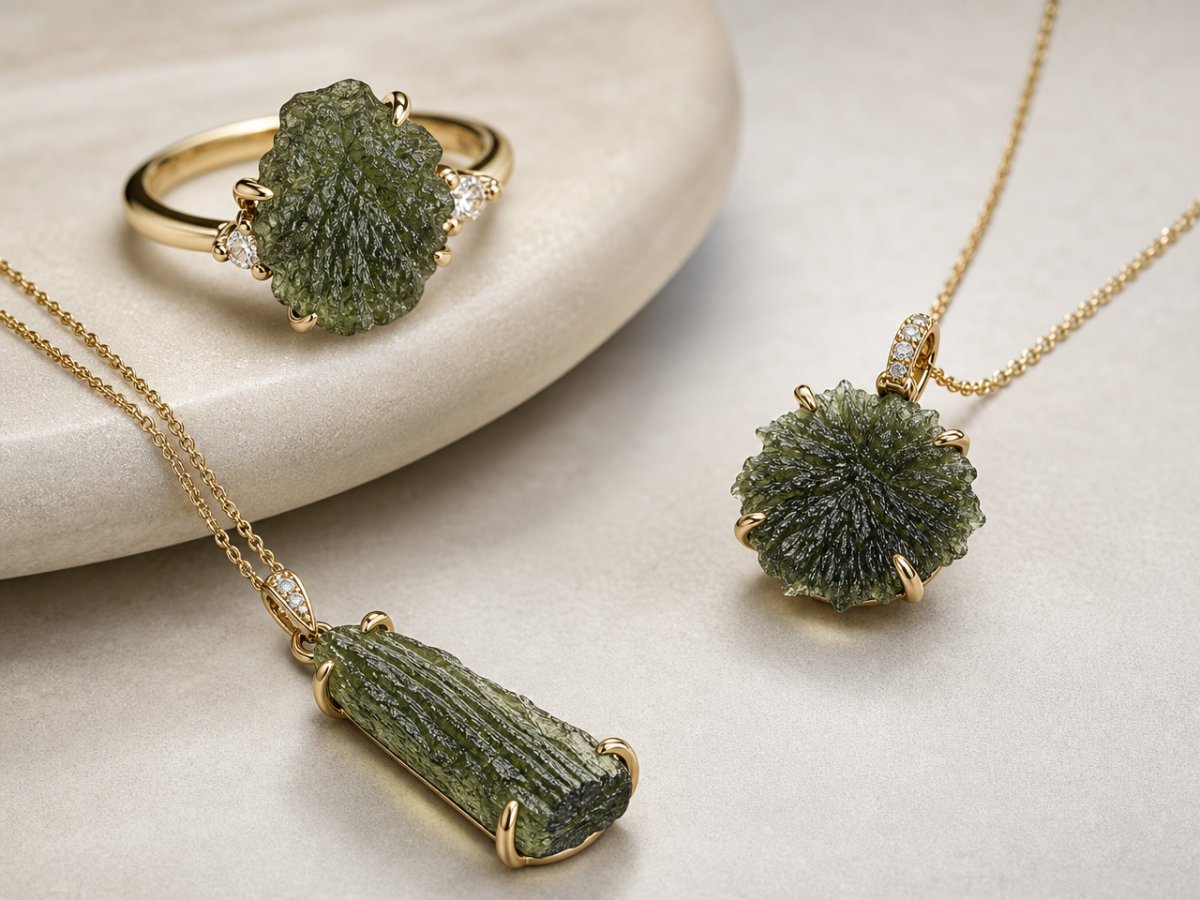 Les pierres précieuses de moldavite sont présentées en joaillerie