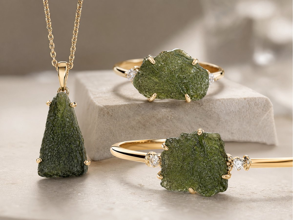 Les pierres précieuses de moldavite sont présentées en joaillerie