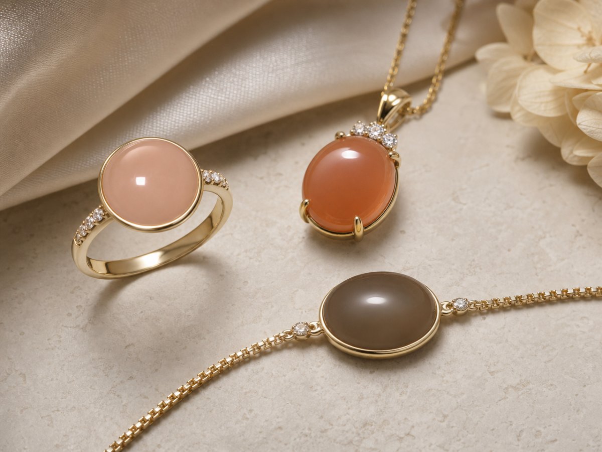Pierres de lune présentées en joaillerie