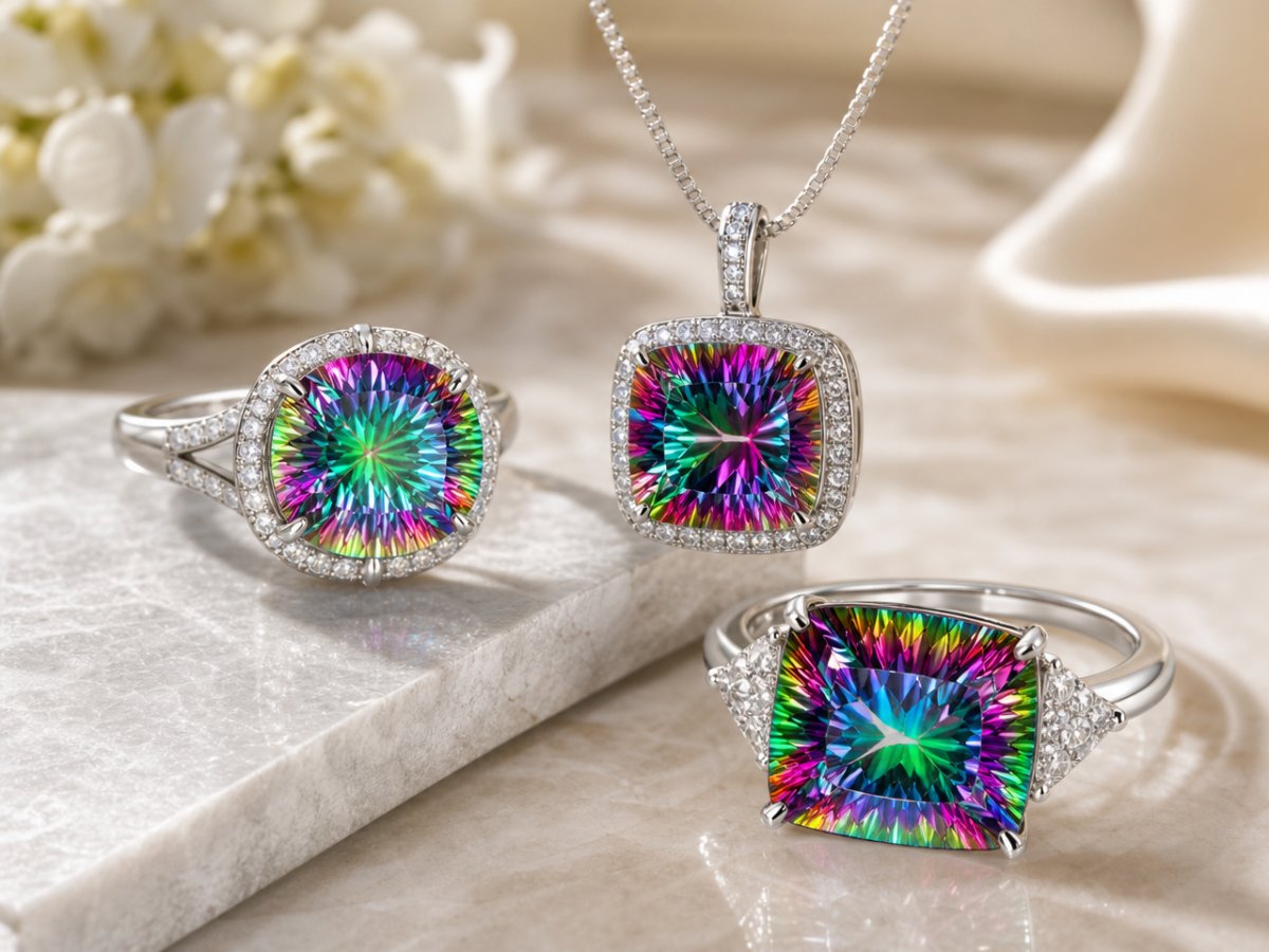 Pierres précieuses de quartz mystique présentées en joaillerie