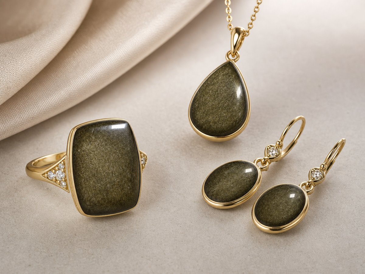 Pierres précieuses d'obsidienne présentées en joaillerie