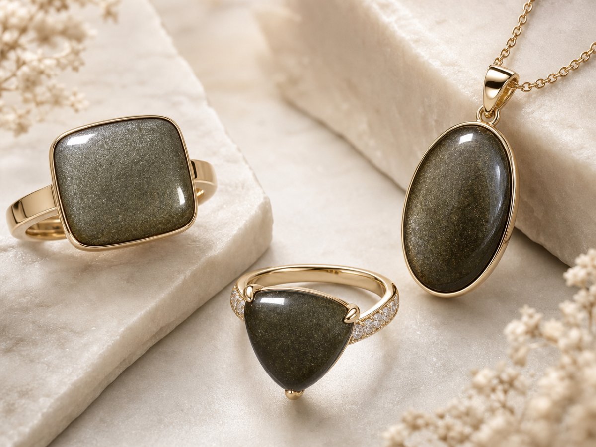 Pierres précieuses d'obsidienne présentées en joaillerie