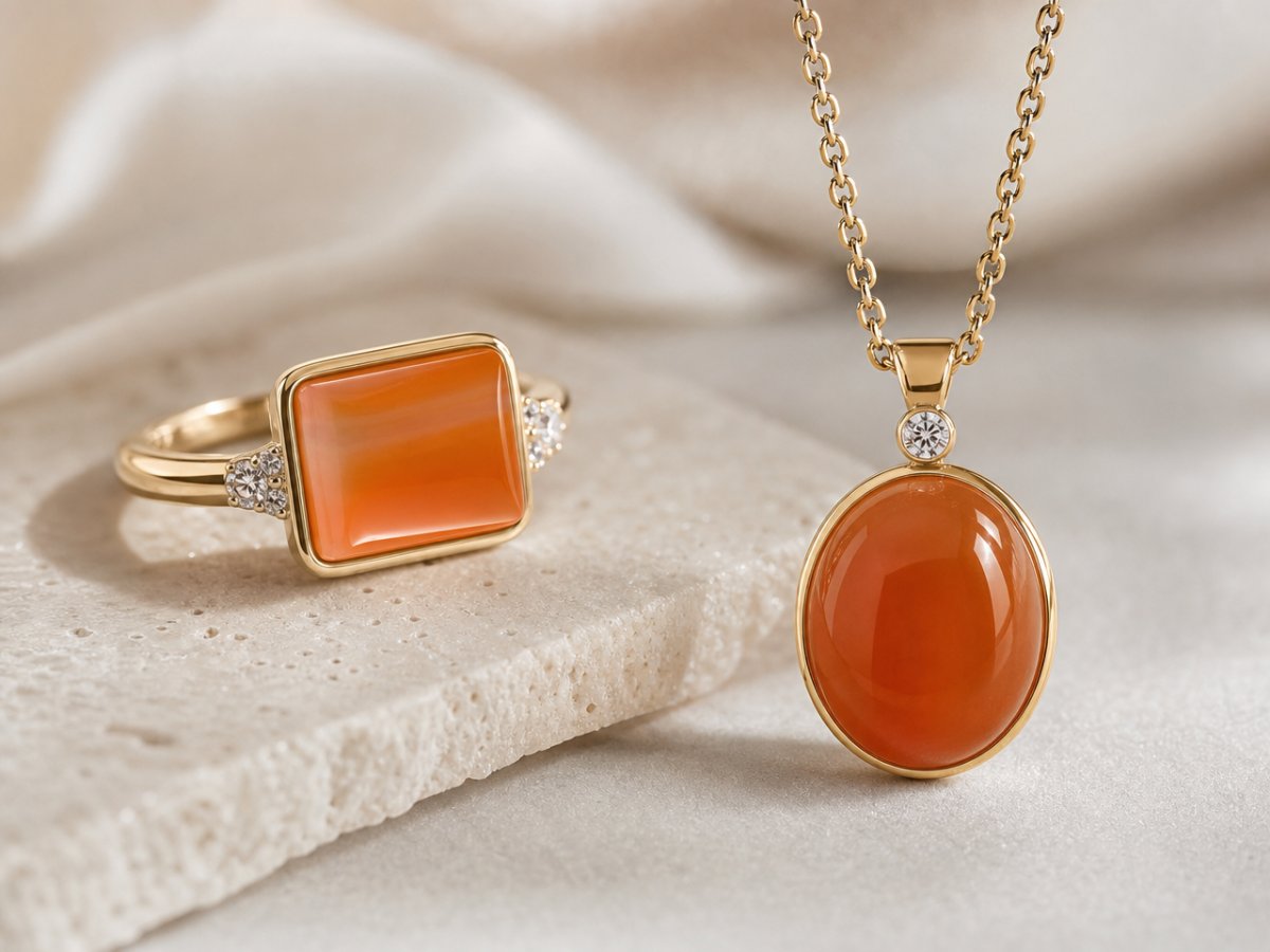 Pierres précieuses d'agate orange présentées en joaillerie