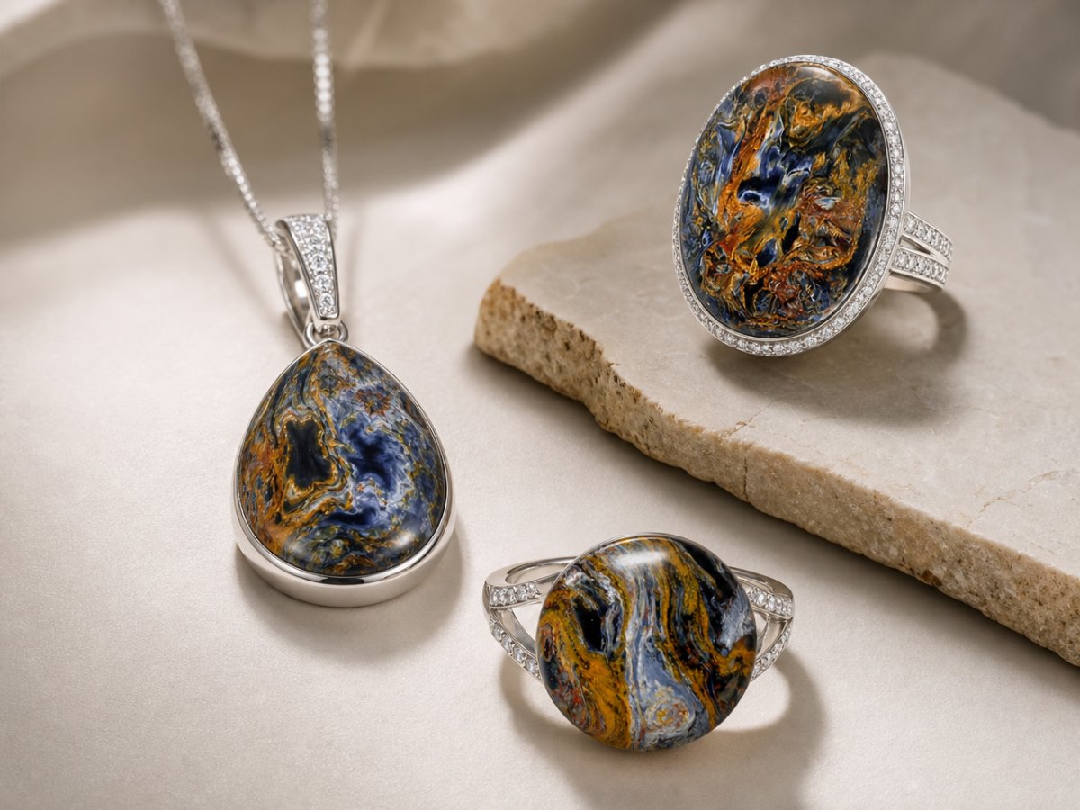 Pierres précieuses de pietersite présentées en joaillerie