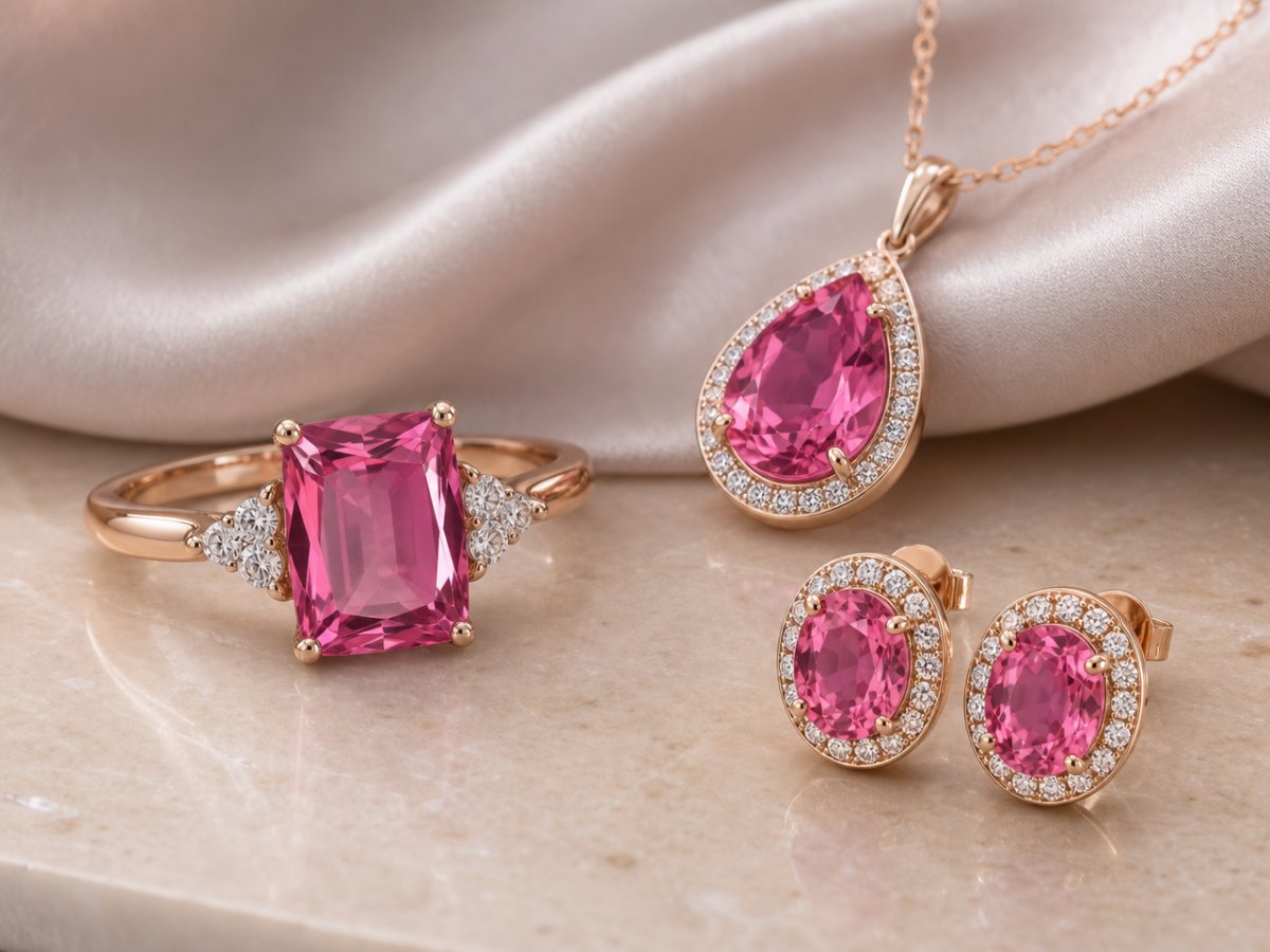 Pierres précieuses de tourmaline rose présentées en joaillerie