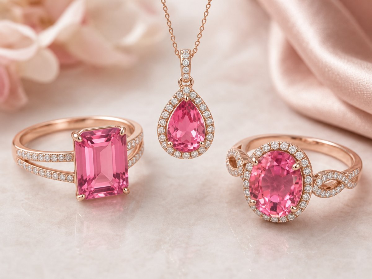 Pierres précieuses de tourmaline rose présentées en joaillerie