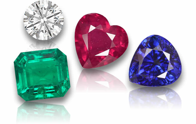 Pierres précieuses en vrac, notamment rubis, saphirs, émeraudes et diamants