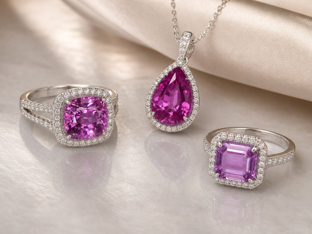 Pierres précieuses de saphir violet présentées en joaillerie