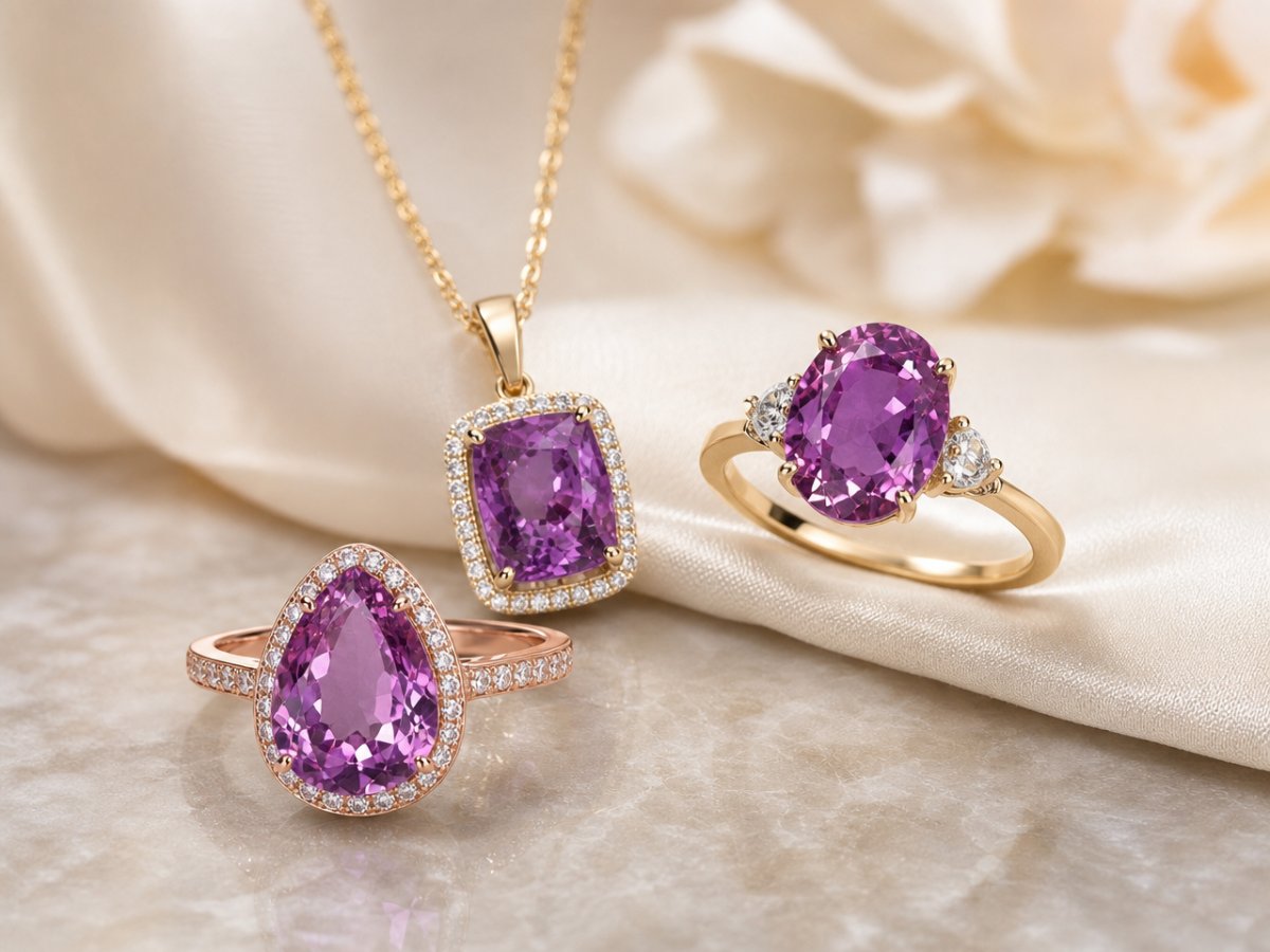 Pierres précieuses de saphir violet présentées en joaillerie