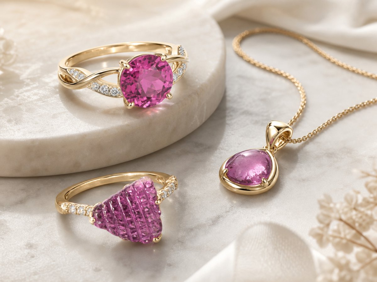 Pierres précieuses de tourmaline violette présentées en joaillerie