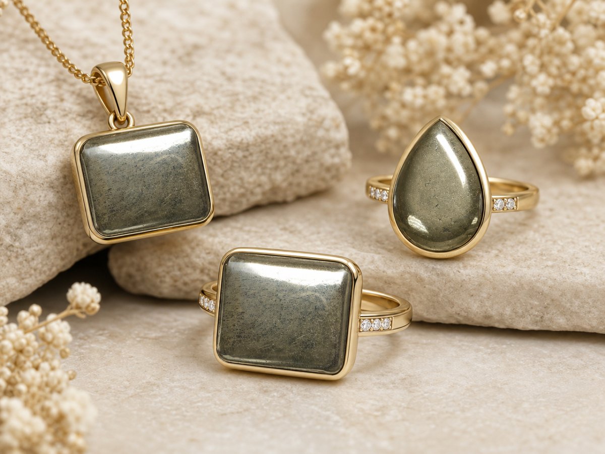 Pierres précieuses de pyrite présentées en joaillerie