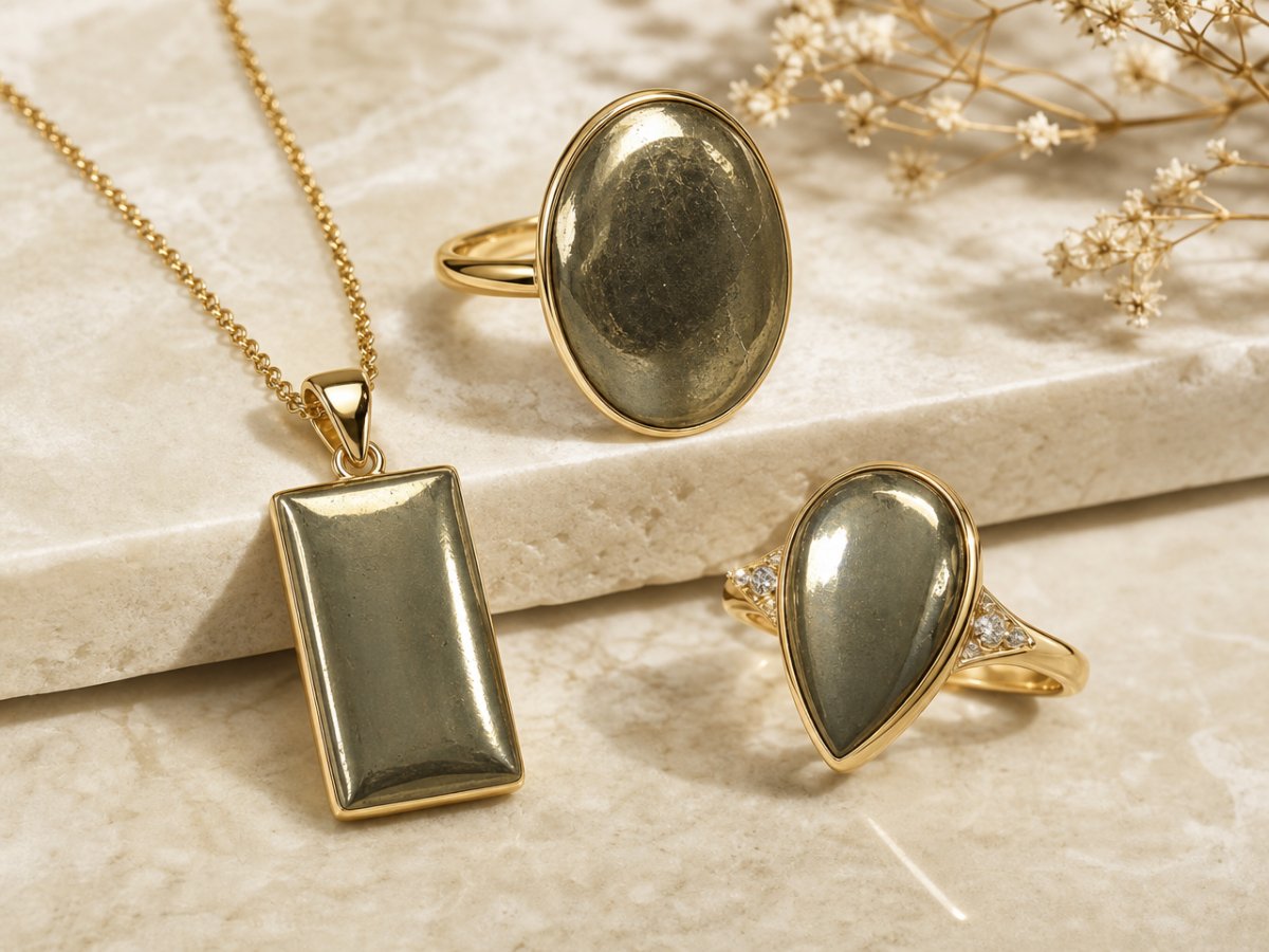 Pierres précieuses de pyrite présentées en joaillerie