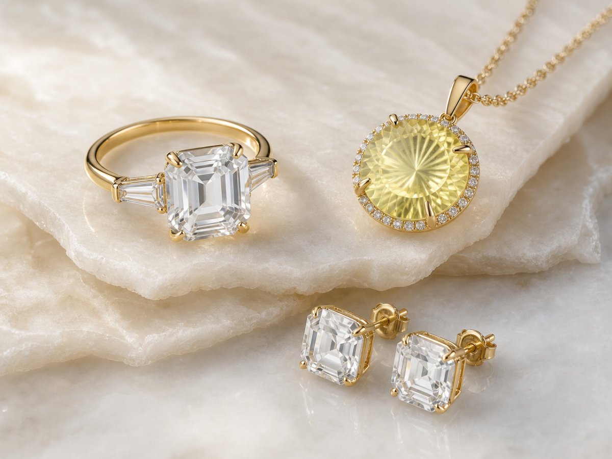 Pierres précieuses de quartz présentées en joaillerie