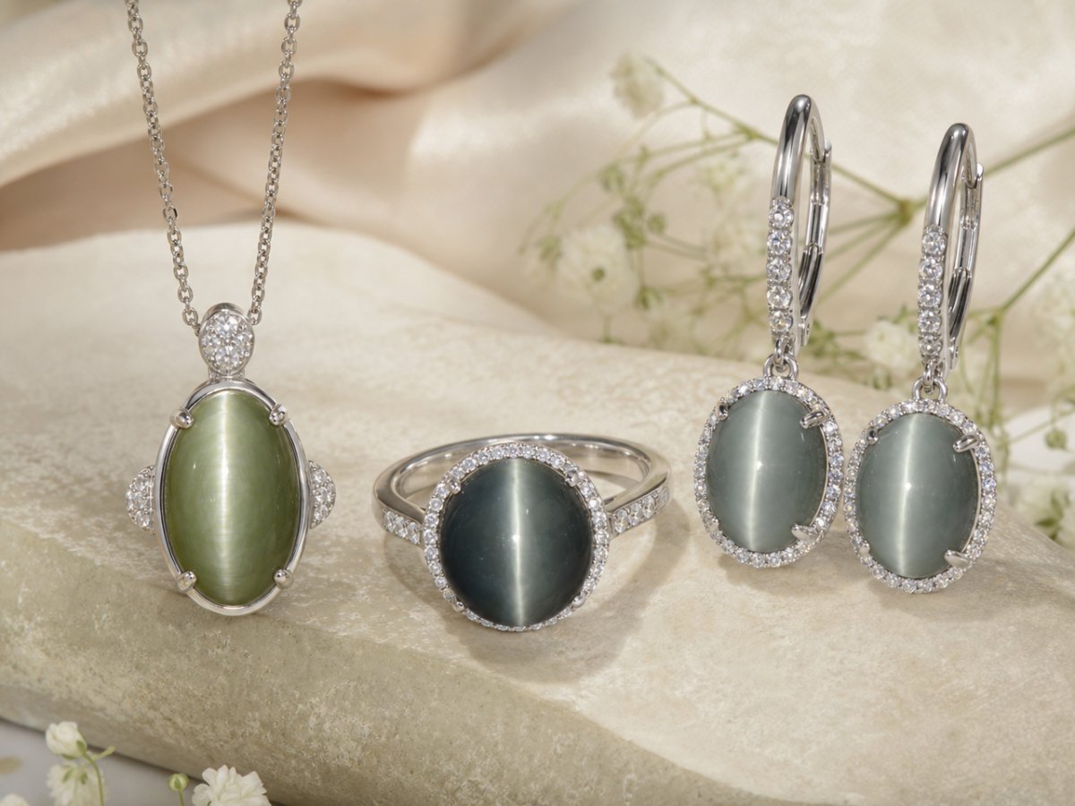 Pierres précieuses en quartz œil-de-chat présentées en joaillerie