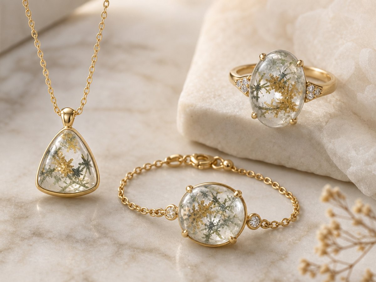 Quartz avec pierres précieuses d'hedenbergite présentées en joaillerie