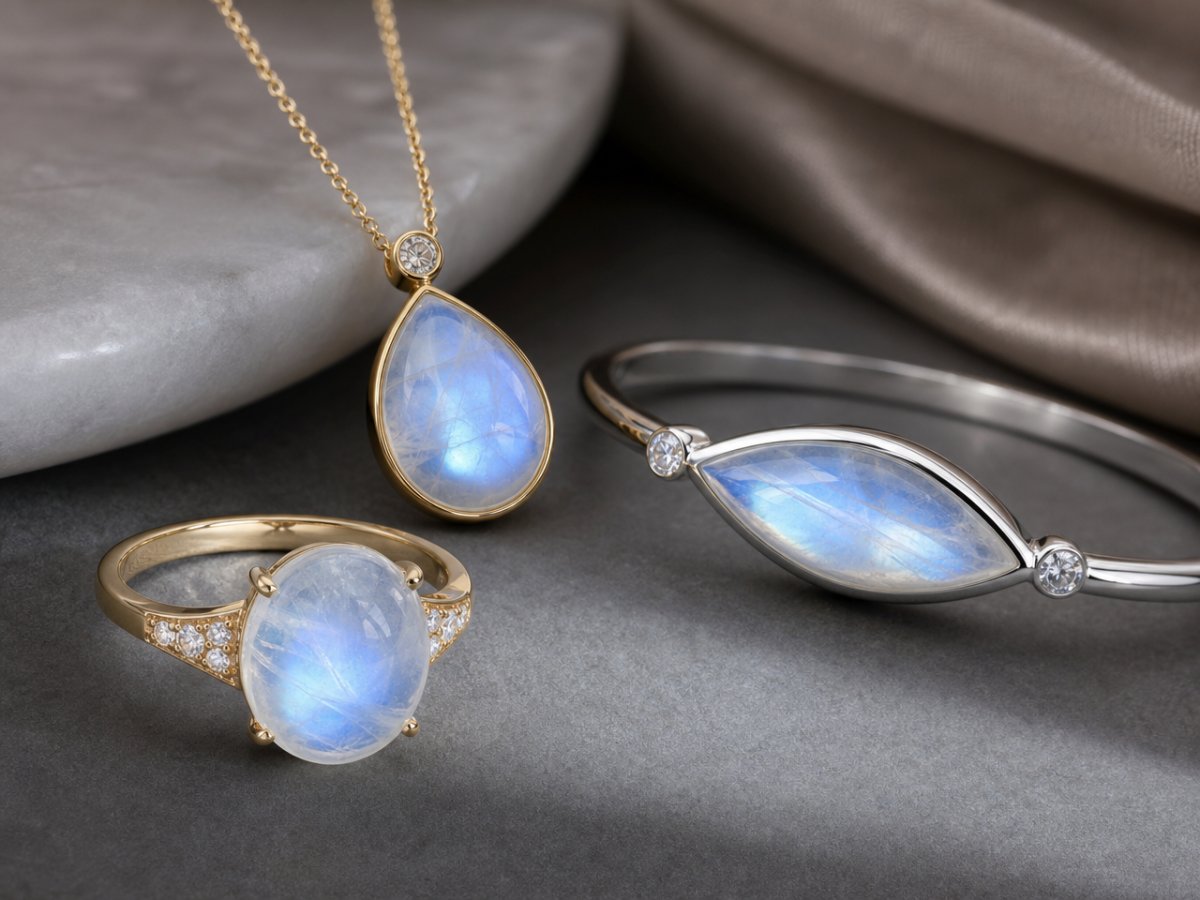 Pierres précieuses de lune arc-en-ciel présentées en joaillerie