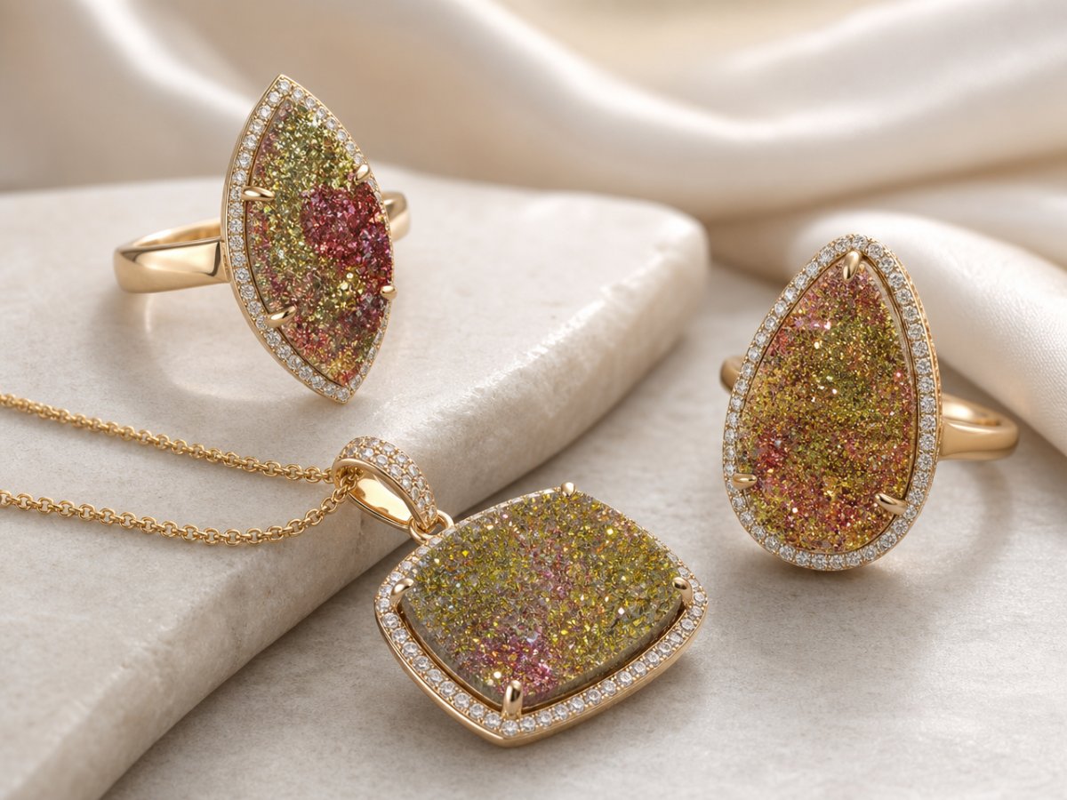 Pierres précieuses de pyrite arc-en-ciel présentées en joaillerie