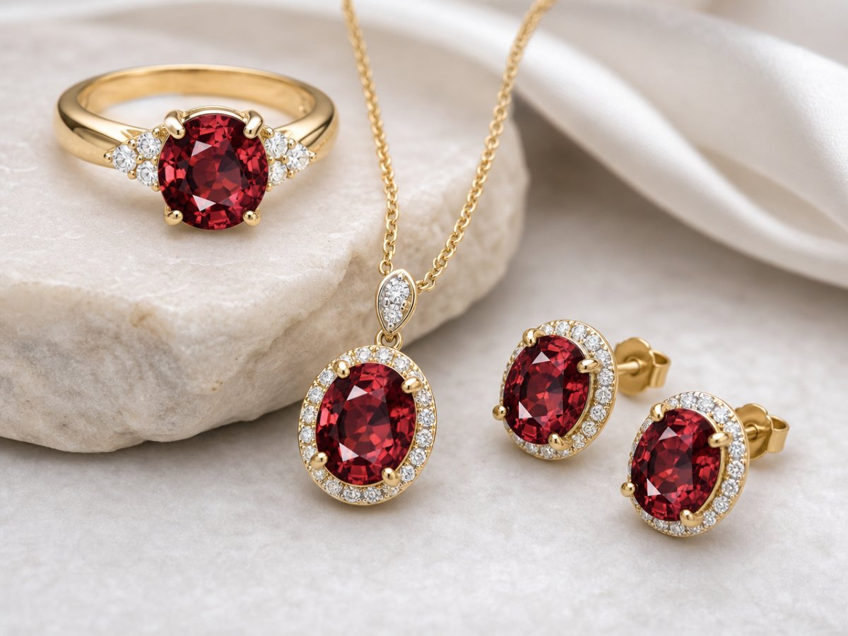 Pierres précieuses de zircon rouge présentées en joaillerie