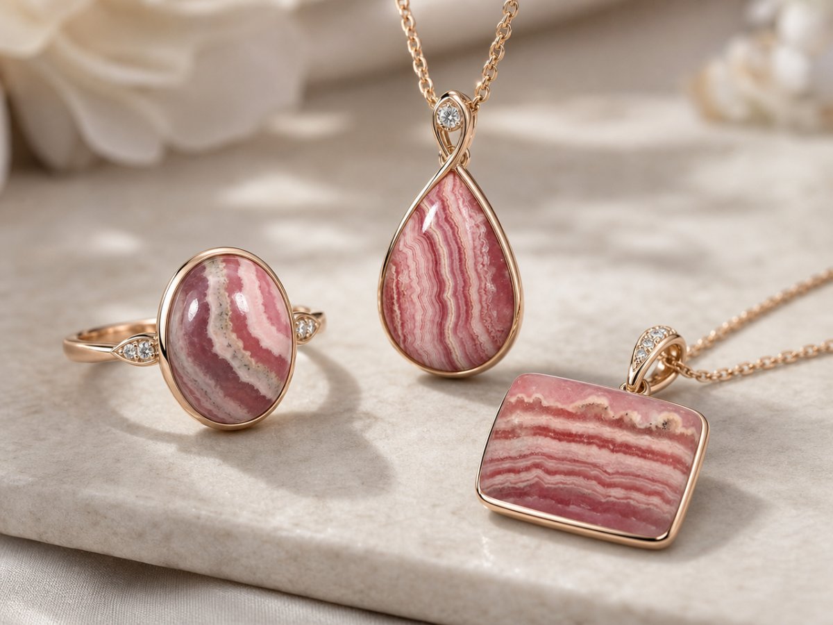 Les pierres précieuses de rhodochrosite sont présentées en joaillerie
