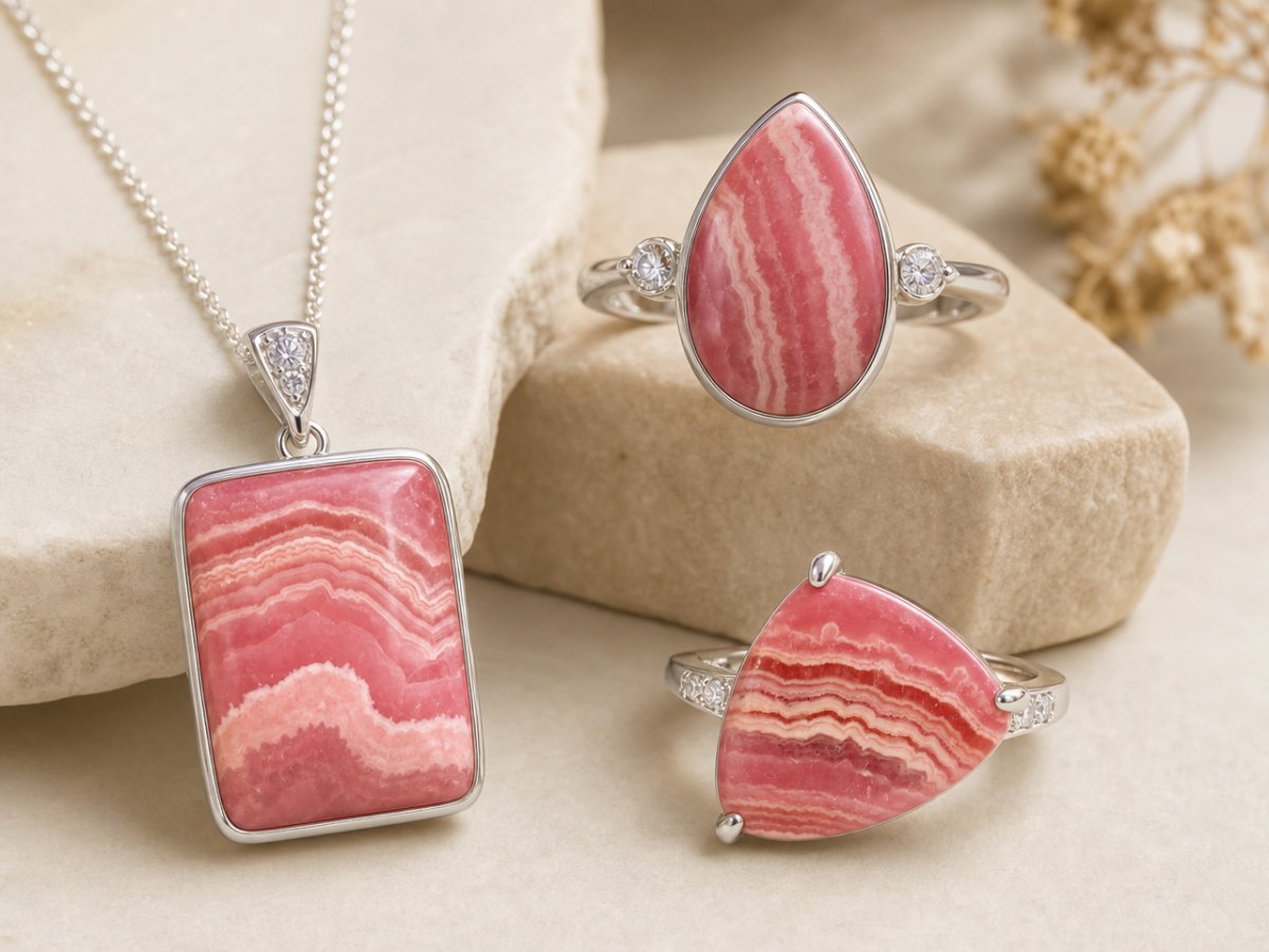 Les pierres précieuses de rhodochrosite sont présentées en joaillerie