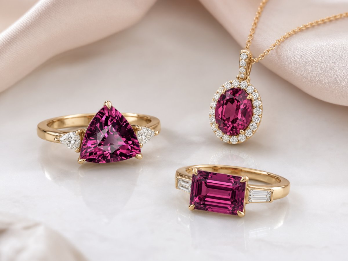 Les pierres précieuses de grenat rhodolite sont présentées en joaillerie