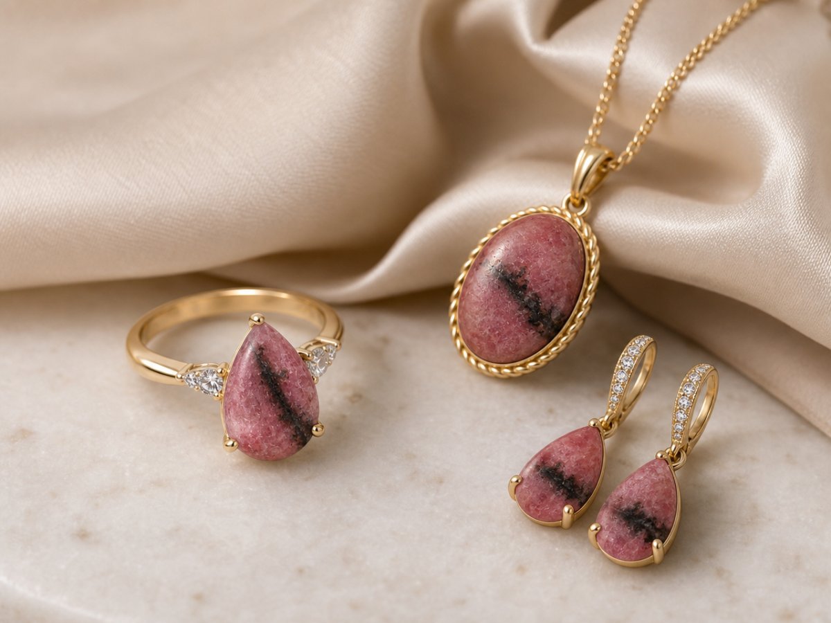 Les pierres précieuses de rhodonite sont présentées en joaillerie
