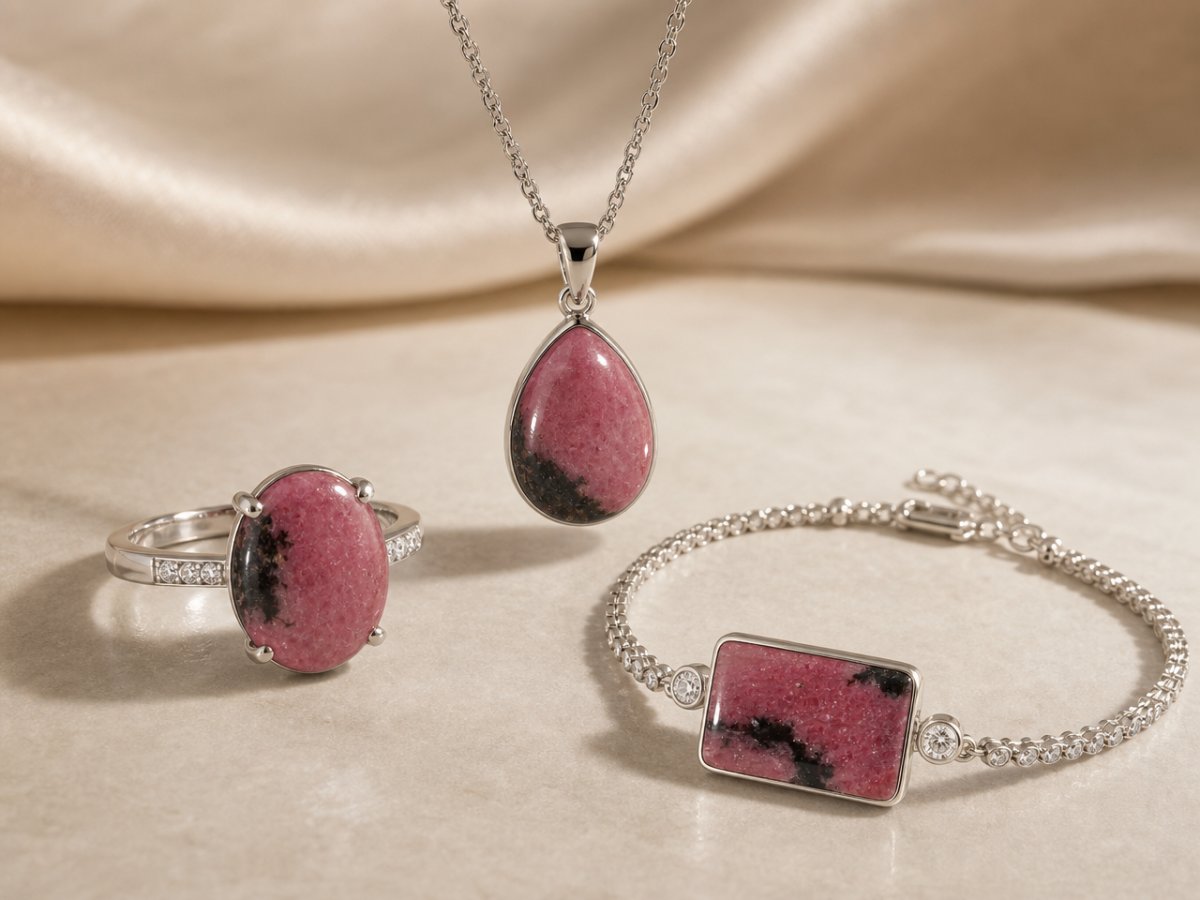 Les pierres précieuses de rhodonite sont présentées en joaillerie