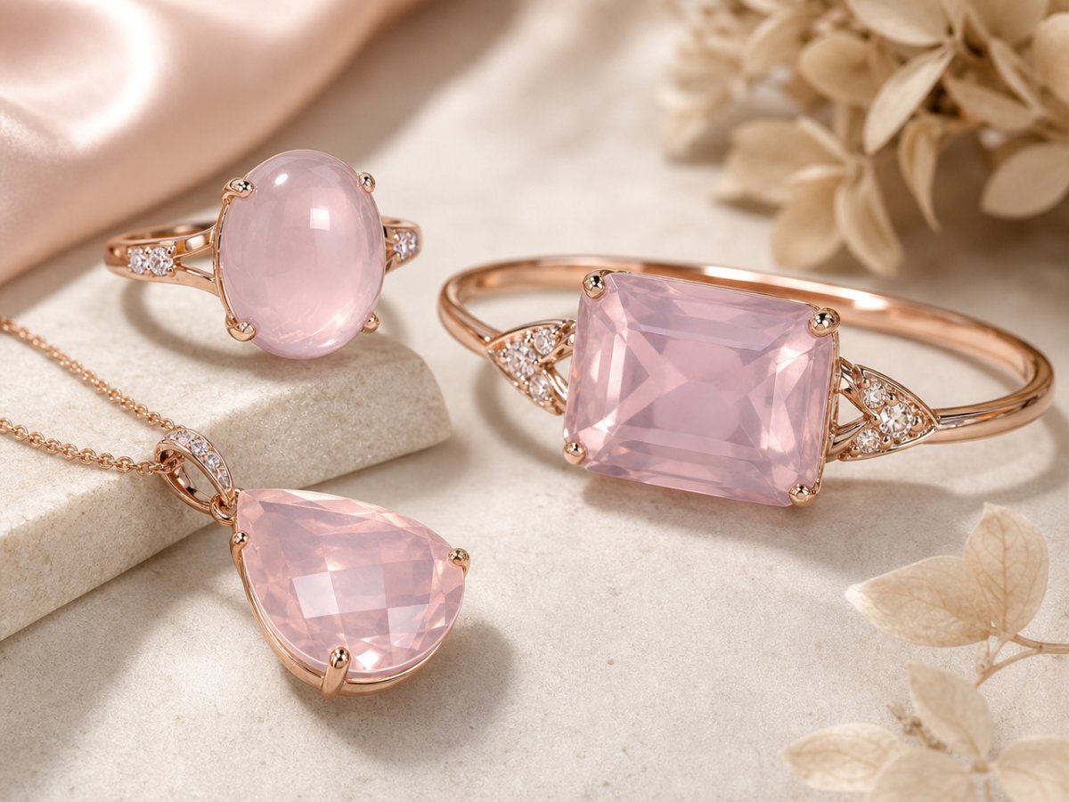 Pierres précieuses de quartz rose présentées en joaillerie