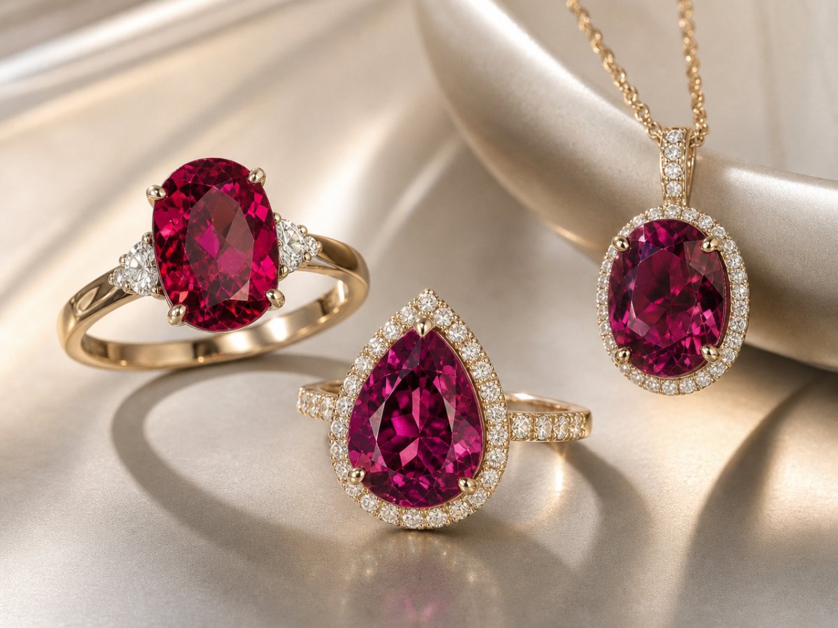Pierres précieuses de tourmaline rubellite présentées en joaillerie