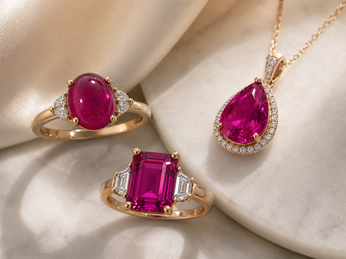 Pierres précieuses de tourmaline rubellite présentées en joaillerie