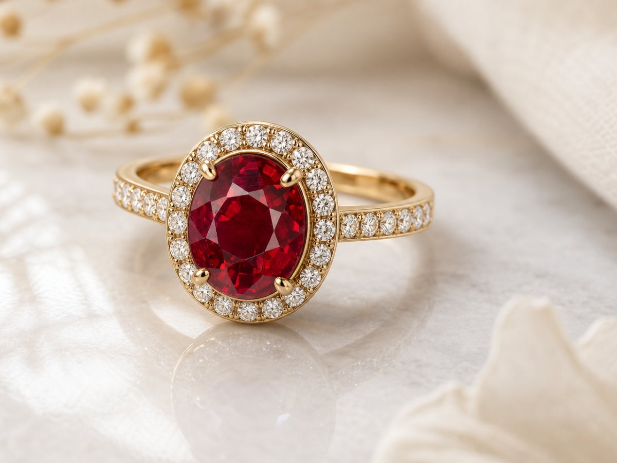 Les rubis sont présentés dans les bijoux.